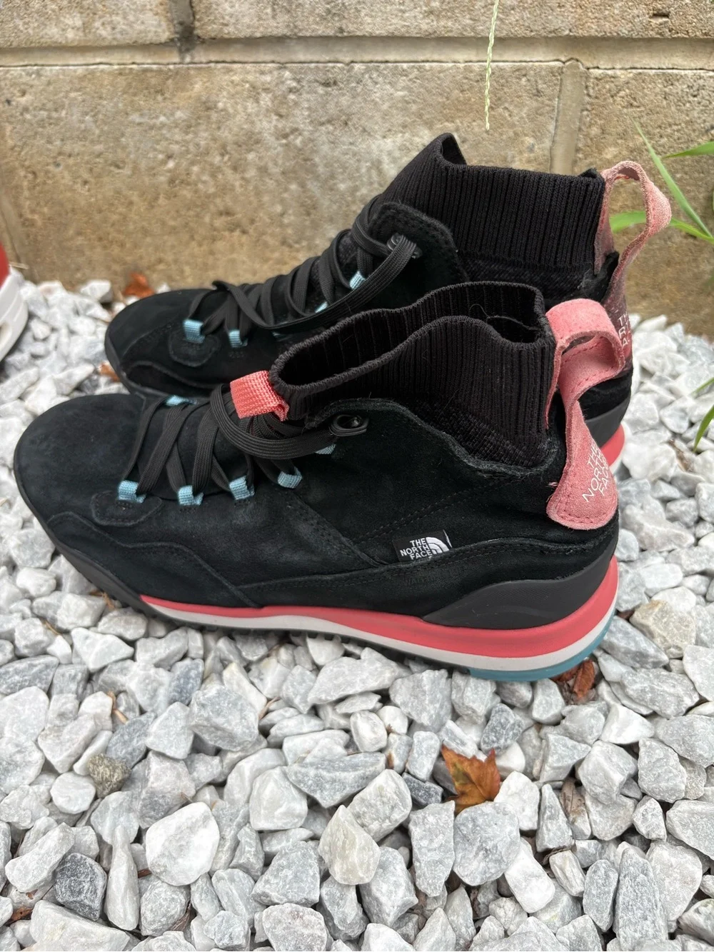 The North Face Black Waterproof Suede Hiking Sneakers with Coral Accents